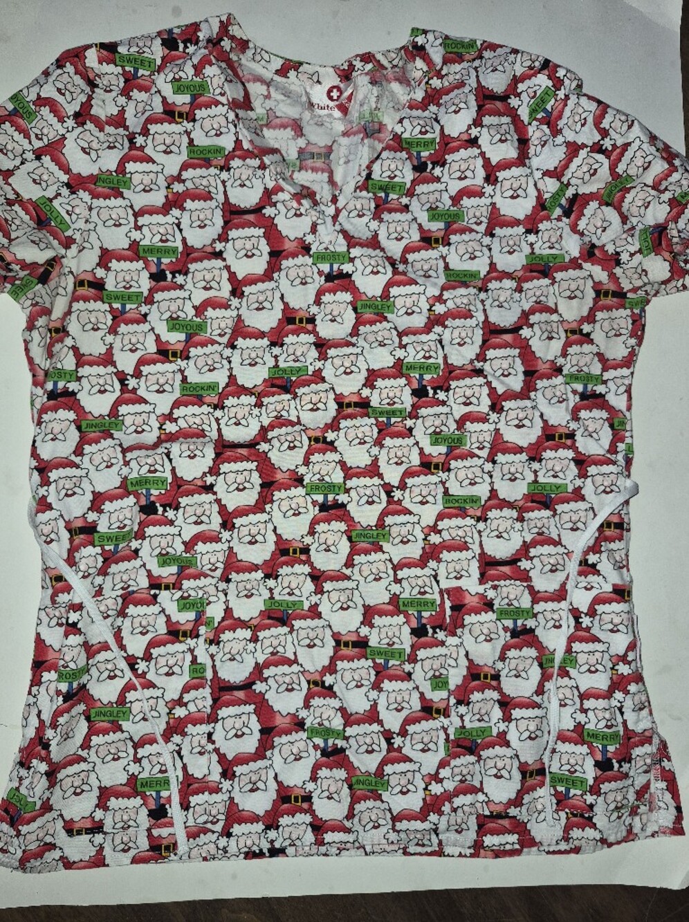 White Cross Scrub Nurse TopHoliday Santa Print cotton Red & White